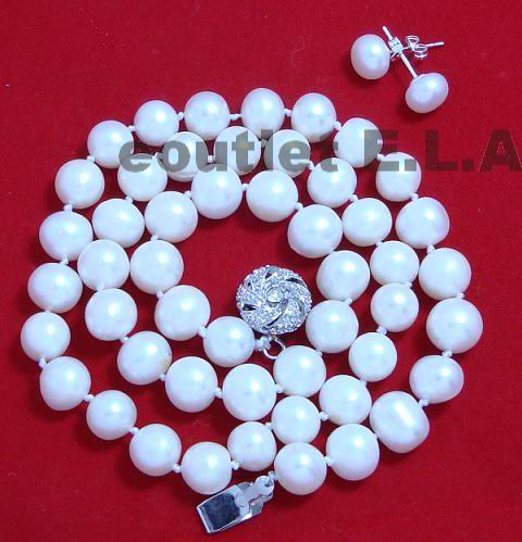 GENUINE 8-9mm WHITE PEARLS NECKLACE+FREE EARRINGS